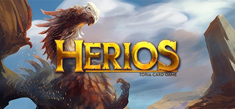 Hérios — a feathered dragon behind the golden Hérios logo, Toria Card Game